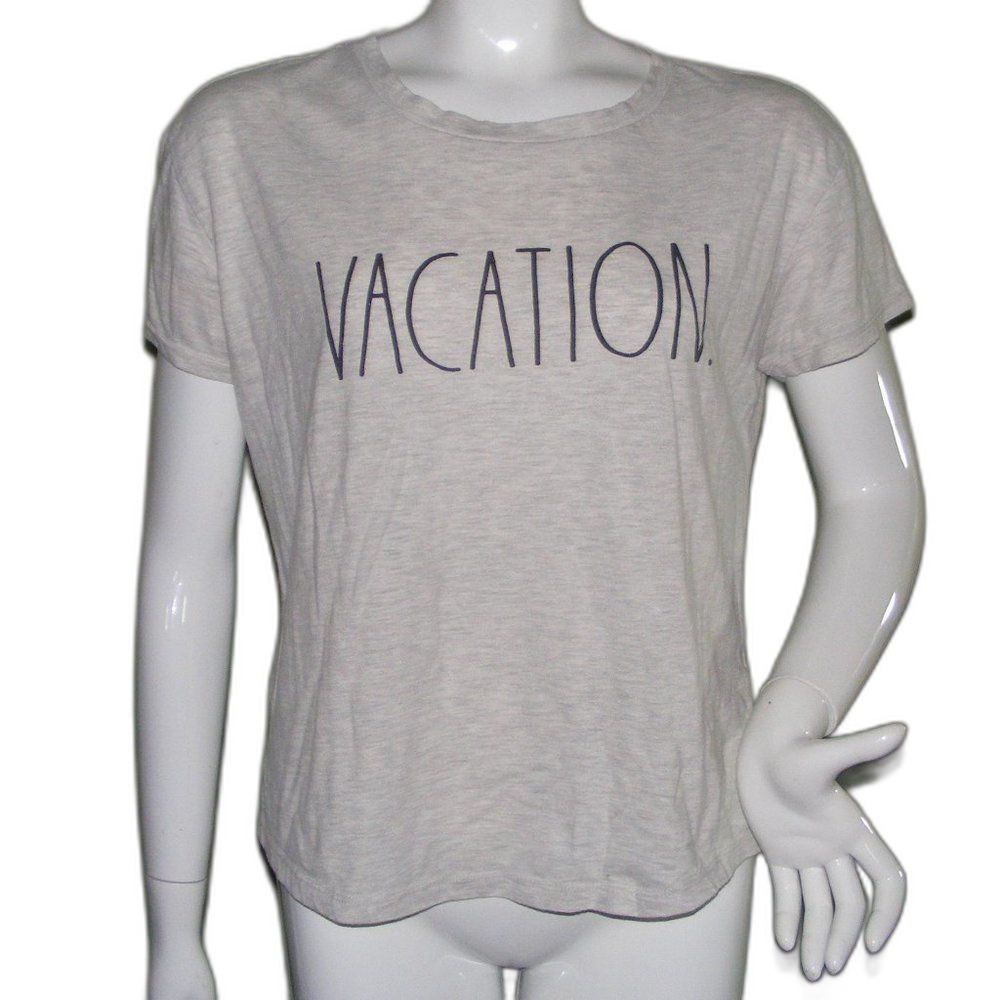 RAE DUNN Tshirt, M, VACATION, Light Gray, crew neck, short sleeves